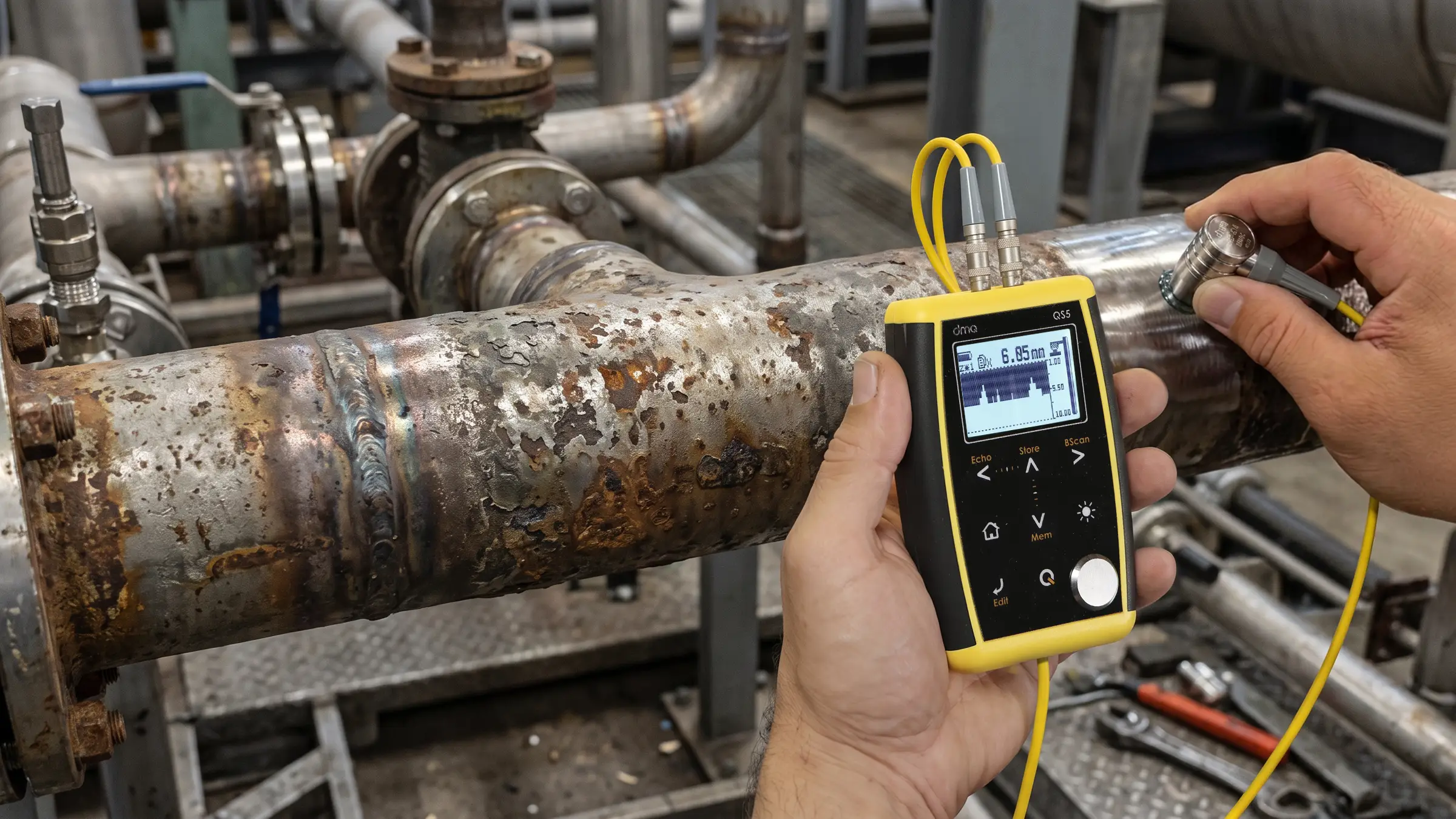 QS5 ultrasonic thickness gauge measuring the wall of a corroded pipe