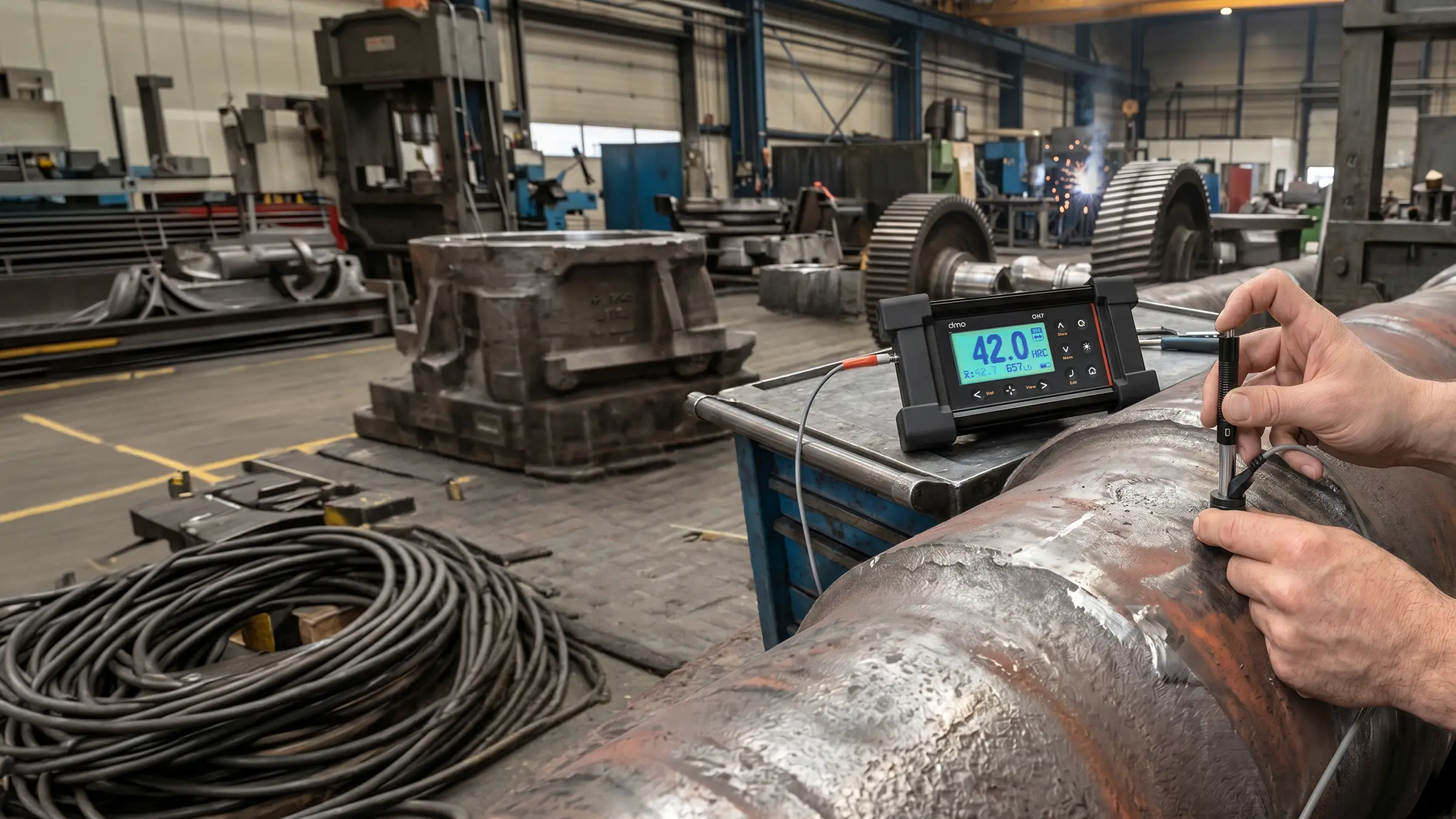 QH7 hardness tester measuring a steel shaft