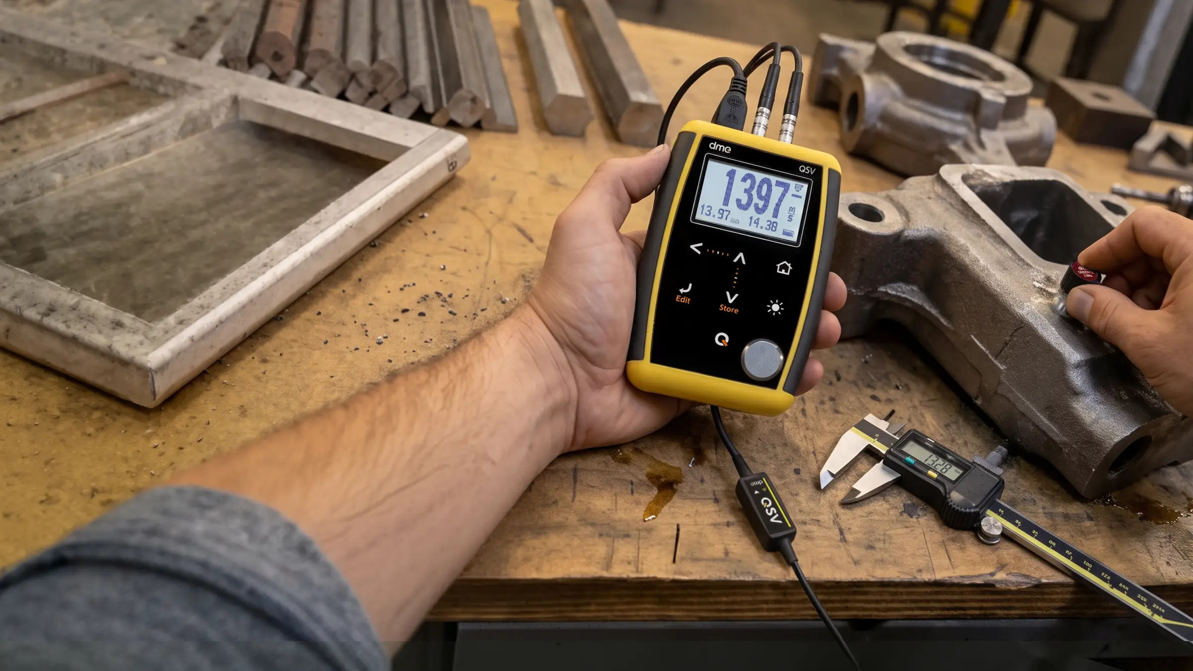 QSV velocity gauge with a digital calliper on a cast part